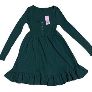 Wild Fable Long Sleeved Ribbed Knit Dark Green Babydoll Dress Women’s Small